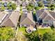 The aerial image highlights backyard patios, lawn spaces, and overall neighborhood layout at 1232 Turnbridge Pl, Oviedo, FL 32765