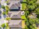 Aerial view highlighting the backyard with a patio, fire pit, and umbrella, surrounded by lush greenery at 1232 Turnbridge Pl, Oviedo, FL 32765