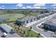 Aerial view showcasing a newly developed townhome community with picturesque ponds and lush surroundings at 5214 Dragonfly Dr, Wildwood, FL 34785