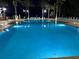 Nighttime view of the pool with seating, palm trees and lights surrounding the area at 7518 Seven Eagles Way # 201, Reunion, FL 34747