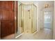 Bathroom featuring walk-in shower with glass doors and wood cabinetry at 7703 Pine Vista Ct, Orlando, FL 32819