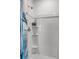 Bathroom shower with built in shelves, leafy shower curtain and chrome shower head at 1012 Bear Hammock Dr, Umatilla, FL 32784