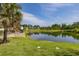 Scenic view of a community pond with lush greenery, creating a tranquil and picturesque setting at 2203 Gopher Tortoise Ter, Oakland, FL 34787