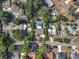 An aerial view showing a house with a pool, surrounded by mature trees and neighboring homes in a residential area at 2631 Mcdonald Ter, Mount Dora, FL 32757