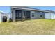 Backyard with a screened patio providing an ideal spot for relaxation, framed by a private vinyl fence at 2005 Noble Dr, Davenport, FL 33837