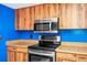Close-up of kitchen with wood cabinets, stainless steel appliances, and a view of the electric range at 3379 Monika Cir, Orlando, FL 32812