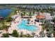Aerial view of an amazing resort-style neighborhood pool with water slide and multiple play areas for hours of fun at 4772 Kings Castle Cir, Kissimmee, FL 34746