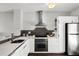Modern kitchen design with white cabinets, stainless steel appliances, and dark tile backsplash at 774 Chelsea Dr, Davenport, FL 33897
