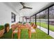 This is an enclosed patio with artificial turf, a dining table and ceiling fans at 10140 Bridlewood Ave, Orlando, FL 32825