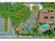 An aerial view displays a home with a pool, lush greenery, and a well-maintained neighborhood at 1440 Suzanne Way, Longwood, FL 32779