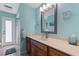 Coastal bathroom with a vanity, ample countertop space, and turquoise walls at 1440 Suzanne Way, Longwood, FL 32779
