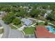 Aerial view of the property showing the house, backyard, screened-in lanai, and nearby swimming pool at 5583 Miles Dr, Port Orange, FL 32127
