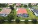 Aerial view of a home with a red tile roof, screened-in pool, and well-manicured lawn at 5615 Oxford Moor Blvd, Windermere, FL 34786