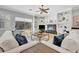 Cozy living room features a fireplace, white built-ins, comfortable sofas, and views of the outdoor pool at 605 W Palm Valley Dr, Oviedo, FL 32765