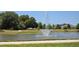 Community pond with a fountain in the middle, green grass, sidewalk and trees at 1596 Park Side Ave, Kissimmee, FL 34744