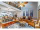 Sunlit living room boasts high ceilings, a ceiling fan, and leather furniture at 103 Golf Club Dr, Longwood, FL 32779