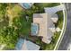 Overhead aerial view of home with a screened-in pool, playset, and well-manicured lawn at 240 Promenade Cir, Lake Mary, FL 32746