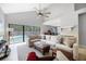 Spacious living room with vaulted ceilings, fan, sectional sofa, and view of the pool at 479 Cidermill Place, Lake Mary, FL 32746
