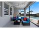 Screened-in patio with modern furniture, stylish decor, and string lights for a relaxing outdoor living space at 11927 Charades St, Orlando, FL 32832