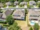 A captivating aerial view showcasing a neighborhood with well-maintained lawns and inviting backyard pools at 15485 Sandfield Loop, Winter Garden, FL 34787