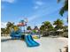 Community water park featuring a blue slide and splash area surrounded by chairs and palm trees at 2382 Zaballina Pl, Kissimmee, FL 34747