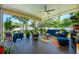 Relaxing screened-in patio with ceiling fan and comfortable seating surrounded by lush landscaping; perfect for entertaining at 306 Albany Ave, Deland, FL 32724