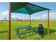 Picnic area with a sheltered table and trash can in a grassy area with community landscaping at 3586 Dahlia Dr, Lake Hamilton, FL 33851