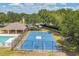 Aerial view of community basketball court and pool area with clubhouse amid lush greenery at 807 Ayden Oak Ln, Ocoee, FL 34761