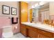 Charming bathroom featuring vintage pink tile, a skylight and a well-lit vanity area at 7046 Treasure Island Rd, Leesburg, FL 34788