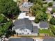 An aerial shot shows the property's setting among mature trees and the layout of the surrounding houses at 833 Dartmouth St, Orlando, FL 32804