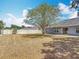 Backyard features a well-maintained lawn, a mature shade tree, and modern gray home at 2818 Irondale St, Deltona, FL 32738