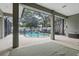 Screened in pool area with decorative outdoor rug and surrounding pillars at 4411 Little Water St, Orlando, FL 32817