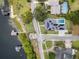 Aerial view of a home with a private pool, solar panels, and a dock on the lake at 705 N Lake Sybelia Dr, Maitland, FL 32751