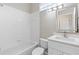 Bathroom with tub-shower combo, and vanity with white cabinets and solid surface counter at 9885 Montclair Circle Cir, Apopka, FL 32703