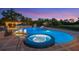Luxury pool and hot tub at dusk. Pool is surrounded by professional landscaping and outdoor lighting at 1710 Bridgets Ct, Kissimmee, FL 34744