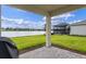 Covered back patio overlooking a tranquil lake view, perfect for outdoor dining and relaxation at 6121 Blue Pond Way, St Cloud, FL 34771