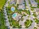 Aerial view showcasing community amenities: splash pad, pool, playground, landscaping and nearby homes at 7398 Alpine Butterfly Ln, Orlando, FL 32819