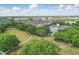 A scenic aerial view of the neighborhood, showcasing tree-lined streets and a central clubhouse with manicured lawns at 5489 Baldwin Park St, Orlando, FL 32814