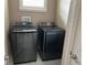 Modern laundry room featuring sleek, matching washer and dryer units at 11120 Se 168Th Loop, Summerfield, FL 34491