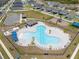 An aerial view of a community pool area with lounge chairs, palm trees, and a covered picnic structure at 1616 Eucalyptus Way, Davenport, FL 33837