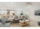 Inviting living area with plush sofas, stylish decor, and seamless flow to the kitchen and dining area at 3397 Sagebrush St, Harmony, FL 34773