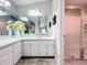 Bright main bathroom featuring double sinks, bright lighting, decorative vases, and a glass shower at 10105 Dean Point Pl, Orlando, FL 32825
