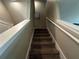 Carpeted stairway with painted white handrails and decorative wall art at 11456 Short Story St, Orlando, FL 32832