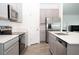 Modern kitchen with stainless steel appliances, light gray cabinetry, and an open layout at 707 Staffora St, Haines City, FL 33844