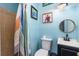 Blue bathroom with tiled shower, modern sink, and themed artwork at 1101 Mizell Rd, Leesburg, FL 34748