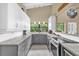 Bright and modern kitchen featuring updated gray cabinets, stylish backsplash, and an open layout for seamless entertaining at 1632 Oriole Ave, Orlando, FL 32803