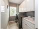 Well-organized laundry room with modern washer and dryer, a sink, and plenty of storage space at 1757 Standing Rock Cir, Oakland, FL 34787