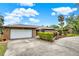 Brick home with a two-car garage, a wide driveway, and tropical landscaping at 28136 Tammi Dr, Tavares, FL 32778