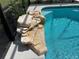 Close up of a stone waterfall feature near a clear blue in-ground pool, with black metal screen fencing at 3064 S Us Highway 41, Dunnellon, FL 34432