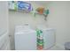 Organized laundry room featuring a washer, dryer, shelving and storage for supplies at 4432 Seven Canyons Dr, Kissimmee, FL 34746